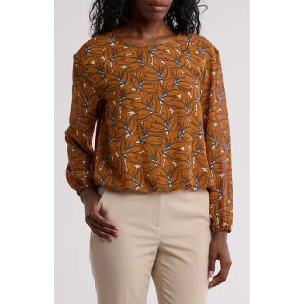 NORDSTROM Pleione Blouse Size XS Top Bubble Hem Caramel Iris Print SHIRT CAREER